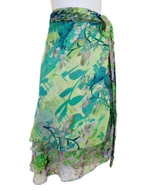 Reversible Layered Wrap Skirt Boho Midi Skirt Recycled Sari Green Floral